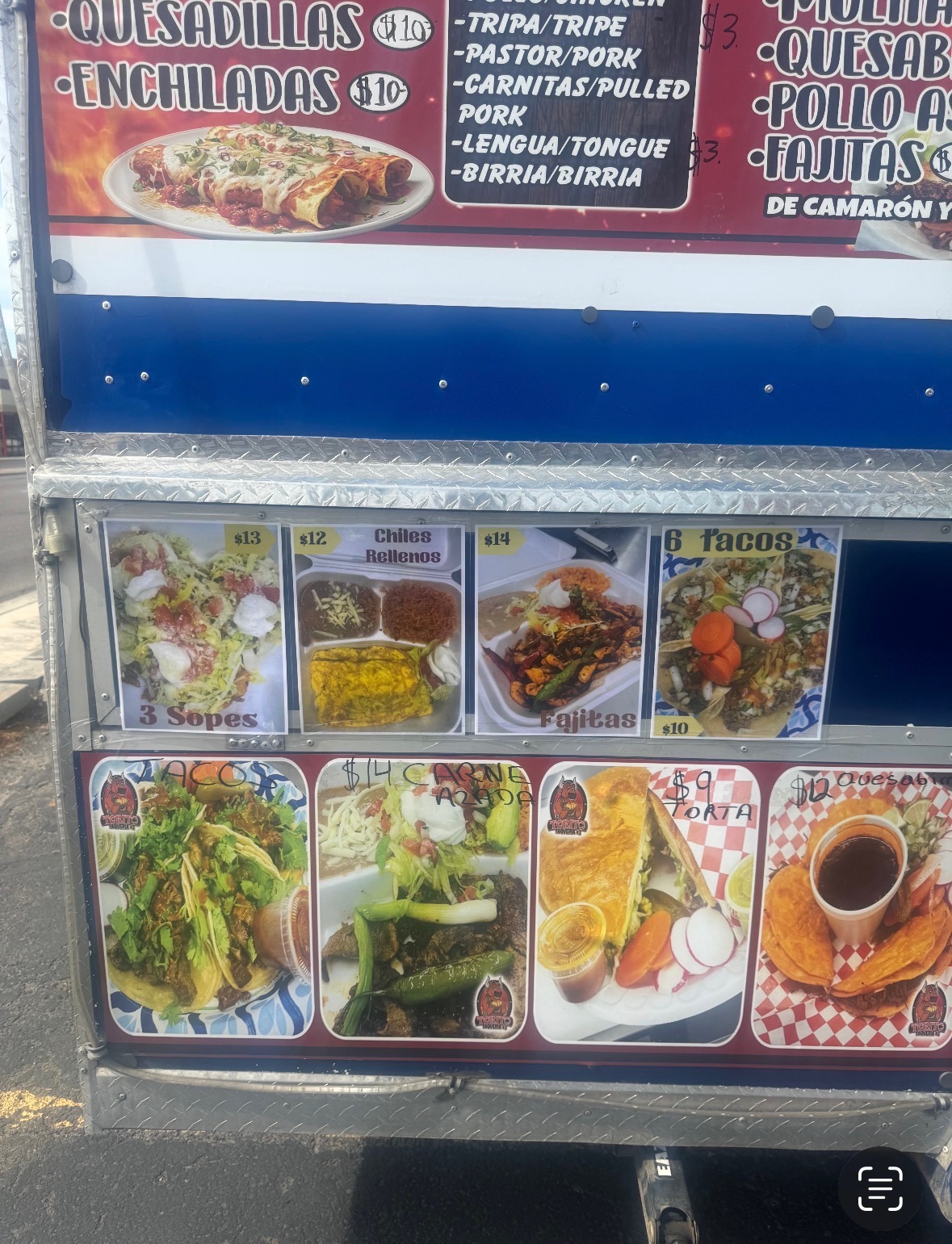The El Torito menu board mounted on the side of the truck, with dish photos and prices